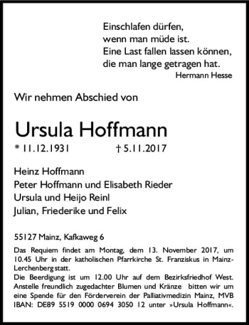 Traueranzeige von Ursula Hoffmann von Trauerportal Rhein Main Presse