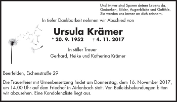 Traueranzeige von Ursula Krämer von Trauerportal Echo Online