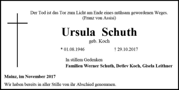 Traueranzeige von Ursula Schuth von Trauerportal Rhein Main Presse