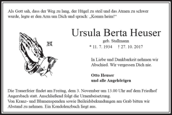 Traueranzeige von Ursula Berta Heuser von VRM Trauer
