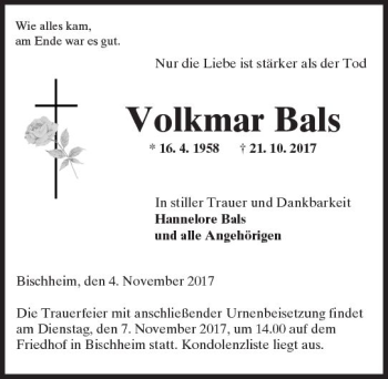 Traueranzeige von Volkmar Bals von Trauerportal Rhein Main Presse