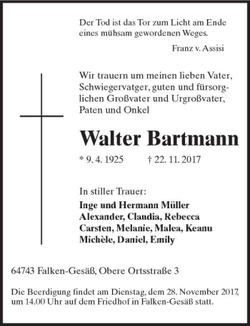 Traueranzeige von Walter Bartmann von Trauerportal Echo Online