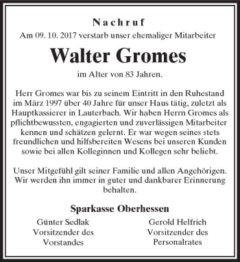 Traueranzeige von Walter Gromes von VRM Trauer