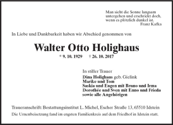 Traueranzeige von Walter otto Holighaus von Trauerportal Rhein Main Presse