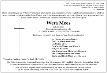 Traueranzeige von Wera Mees von Trauerportal Rhein Main Presse