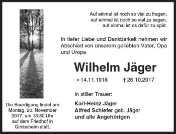 Traueranzeige von Wilhelm Jäger von Trauerportal Rhein Main Presse