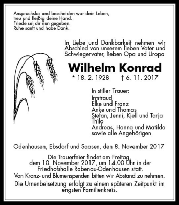 Traueranzeige von Wilhelm Konrad von  Gießener Anzeiger