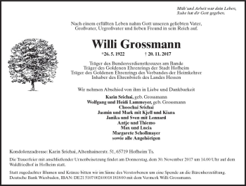 Traueranzeige von Willi Grossmann von Trauerportal Rhein Main Presse