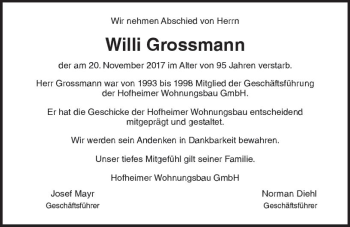 Traueranzeige von Willi Grossmann von Trauerportal Rhein Main Presse