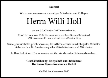 Traueranzeige von Willi Holl von VRM Trauer