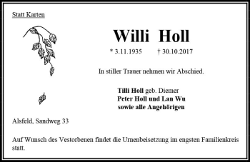 Traueranzeige von Willi Holl von VRM Trauer