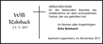Traueranzeige von Willi Rohrbach von Trauerportal Echo Online