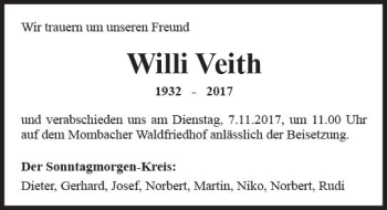 Traueranzeige von Willi Veith von Trauerportal Rhein Main Presse