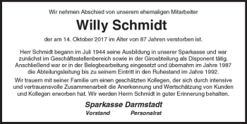 Traueranzeige von Willy Schmidt von Trauerportal Echo Online