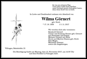 Traueranzeige von Wilma Görnert von  Gießener Anzeiger