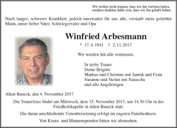 Traueranzeige von Winfried Arbesmann von  Gießener Anzeiger