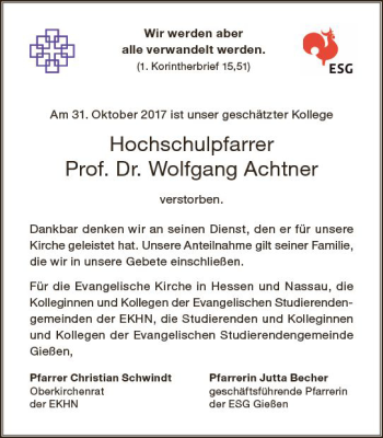 Traueranzeige von Wolfgang Achtner von  Gießener Anzeiger