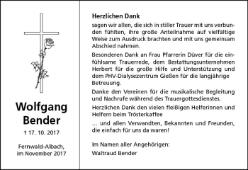 Traueranzeige von Wolfgang Bender von  Gießener Anzeiger