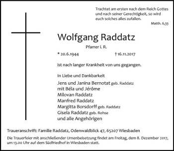 Traueranzeige von Wolfgang Raddatz von Trauerportal Rhein Main Presse
