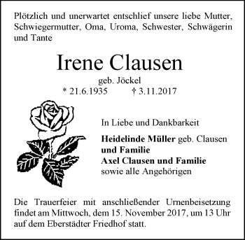 Traueranzeige von Irene Clausen 