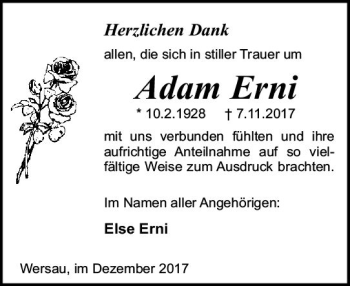 Traueranzeige von Adam Erni von Trauerportal Echo Online