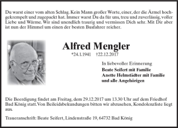 Traueranzeige von Alfred Mengler von Trauerportal Echo Online