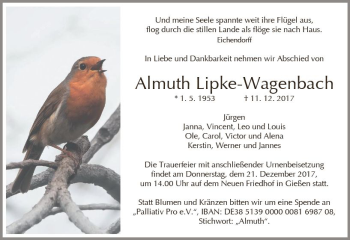 Traueranzeige von Almuth Lipke-Wagenbach von  Gießener Anzeiger