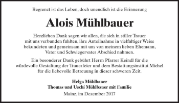 Traueranzeige von Alois Mühlbauer von Trauerportal Rhein Main Presse