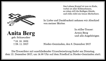 Traueranzeige von Anita Berg von VRM Trauer