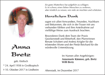 Traueranzeige von Anna Bretz von  Kreisanzeiger