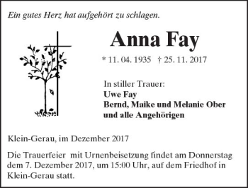 Traueranzeige von Anna Fay von Trauerportal Echo Online