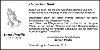 Traueranzeige von Anna Pawlik von Trauerportal Echo Online