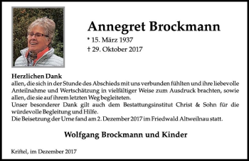 Traueranzeige von Annegret Brockmann von Trauerportal Rhein Main Presse