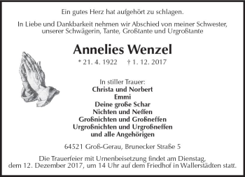 Traueranzeige von Annelies Wenzel von Trauerportal Echo Online