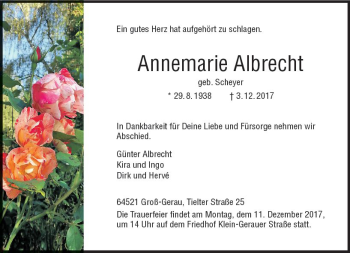 Traueranzeige von Annemarie Albrecht von Trauerportal Echo Online