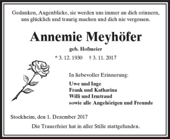Traueranzeige von Annemie Meyhöfer von  Kreisanzeiger