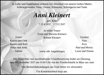 Traueranzeige von Anni Kleinert von VRM Trauer
