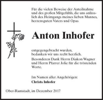 Traueranzeige von Anton Inhofer von Trauerportal Echo Online