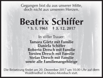 Traueranzeige von Beatrix Schiffer von Trauerportal Rhein Main Presse