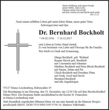 Traueranzeige von Bernhard Bockholt von Trauerportal Rhein Main Presse