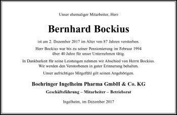 Traueranzeige von Bernhard Bockius von Trauerportal Rhein Main Presse