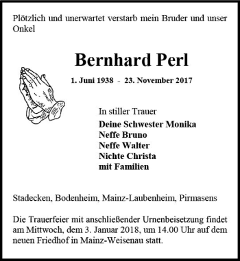 Traueranzeige von Bernhard Perl von Trauerportal Rhein Main Presse