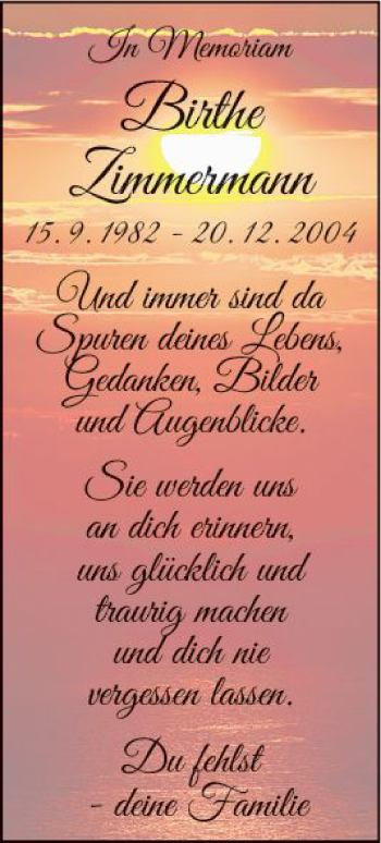 Traueranzeige von Birthe Zimmermann von  Kreisanzeiger