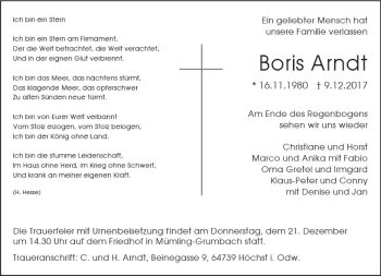 Traueranzeige von Boris Arndt von Trauerportal Echo Online