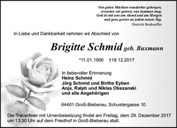 Traueranzeige von Brigitte Schmid von Trauerportal Echo Online