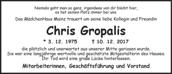 Traueranzeige von Chris Gropalis von Trauerportal Rhein Main Presse