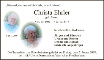 Traueranzeige von Christa Ehrler von Trauerportal Echo Online