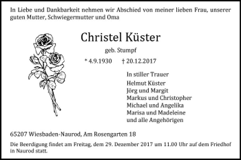 Traueranzeige von Christel Küster von Trauerportal Rhein Main Presse