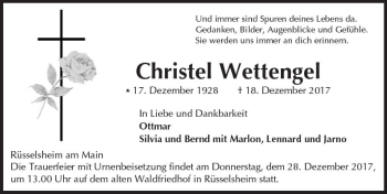 Traueranzeige von Christel Wettengel von Trauerportal Rhein Main Presse