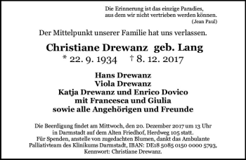 Traueranzeige von Christiane Drewanz von Trauerportal Echo Online